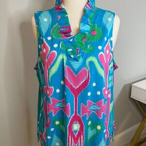NWT Crown & Ivy XXL BlueIKAT Ruffle Neck Sleeveless Blouse